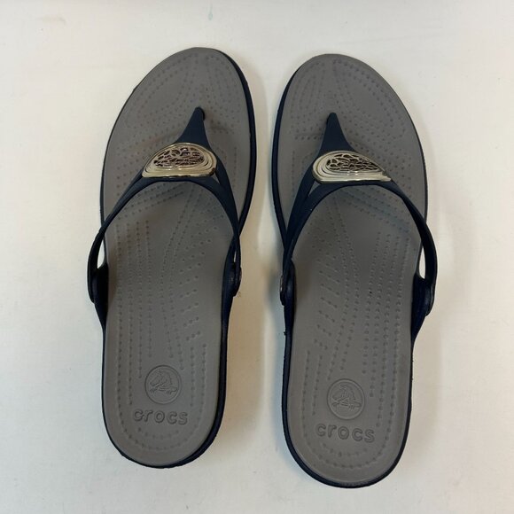 Crocs Sanrah Circle Slide Wedge Flip Sandal Women's 10 Navy Blue Gray - Picture 7 of 9
